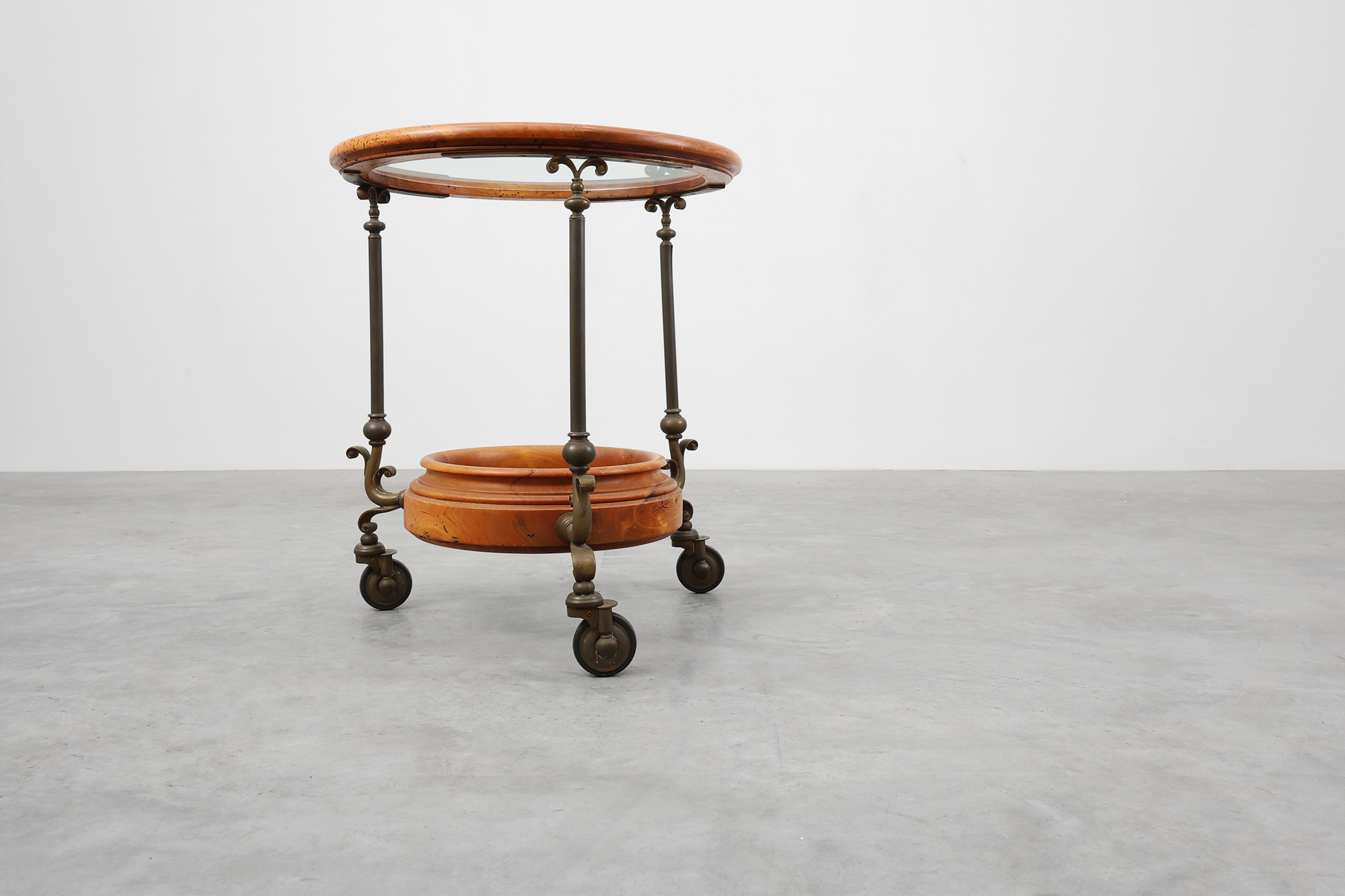 Rustic Copper and Walnut Serving Trolley with Glass Top, France ca. 1900thumbnail
